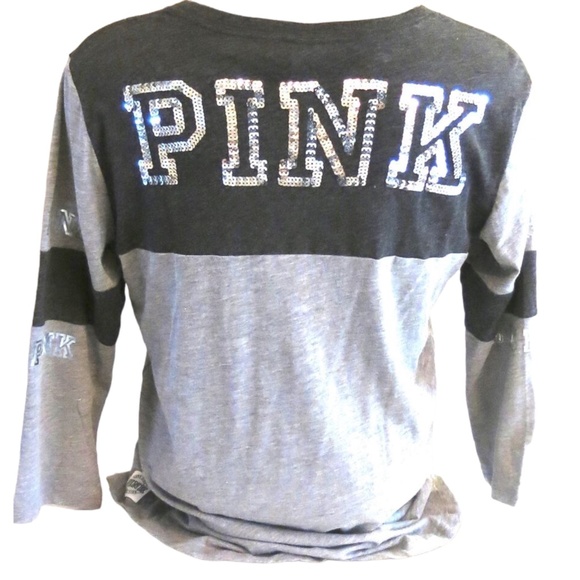 Victoria's Secret PINK Marble Grey & Grey w/ Silver Sequins Logo Baseball Tee S - Picture 1 of 2